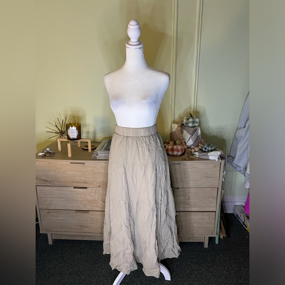 BGDK Neutral Beige Camel Tan Maxi Flowy Flare A-Line Tiered Ruffle Skirt Sz XL